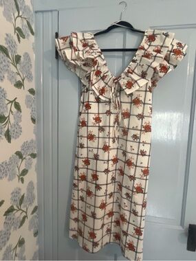 Zara Cream Floral Ruffle-Sleeve Midi Dress